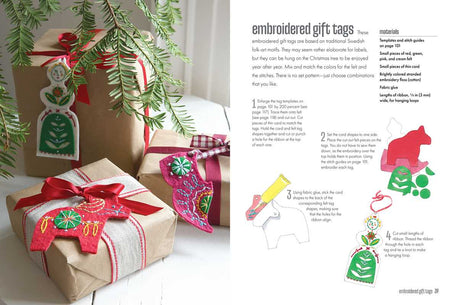 Discover Book: Scandi Needlecraft by Clare Youngs—128 pages of 35 step-by-step projects, including embroidered gift tags with templates, materials lists, and Scandinavian-inspired illustrations. Paperback edition.