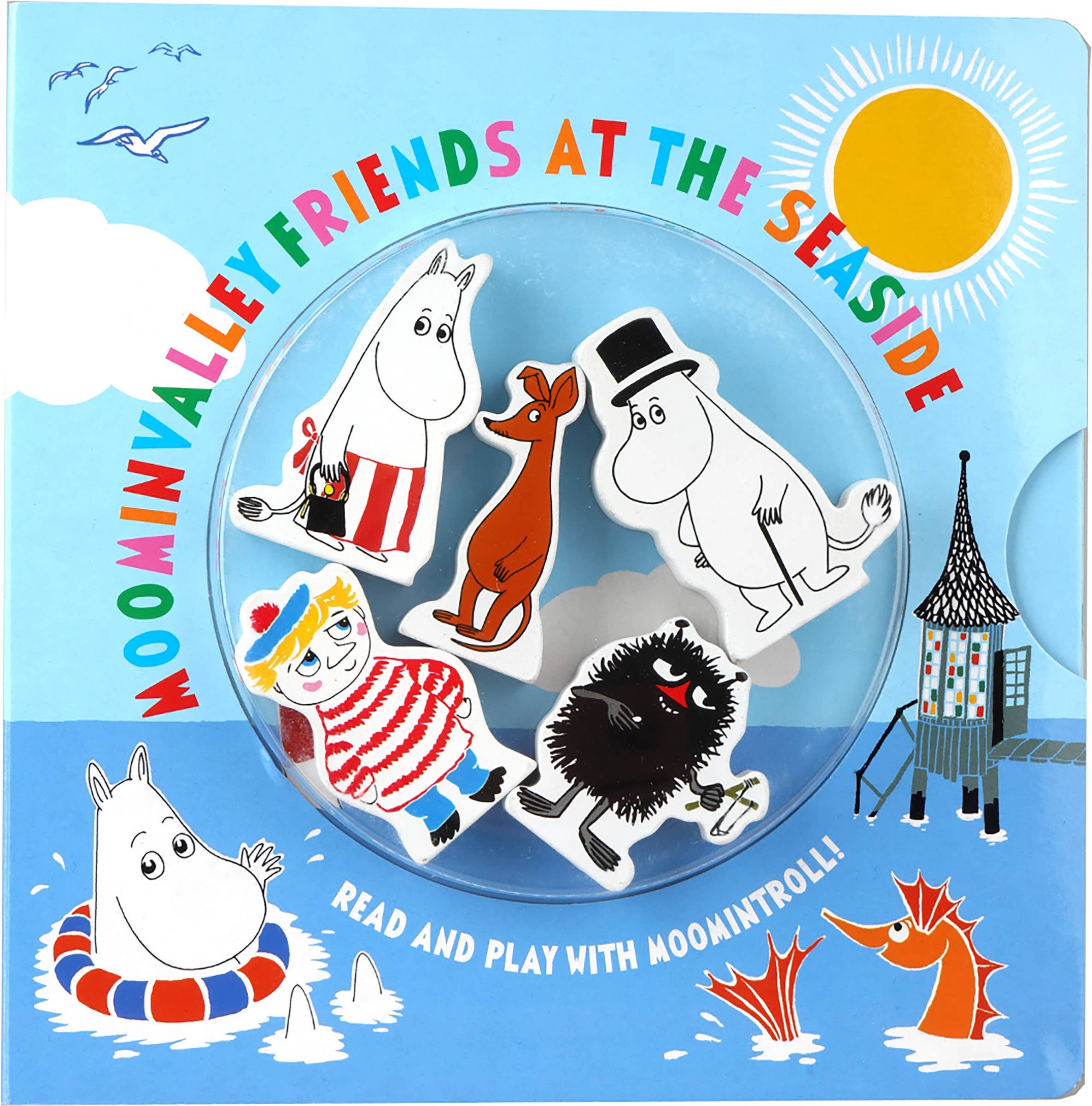 Colorful cover for Book: Moominvalley Friends at the Seaside by Katariina Heilala. Features seaside scenes and removable wooden Moomin figures for an interactive children’s book experience.