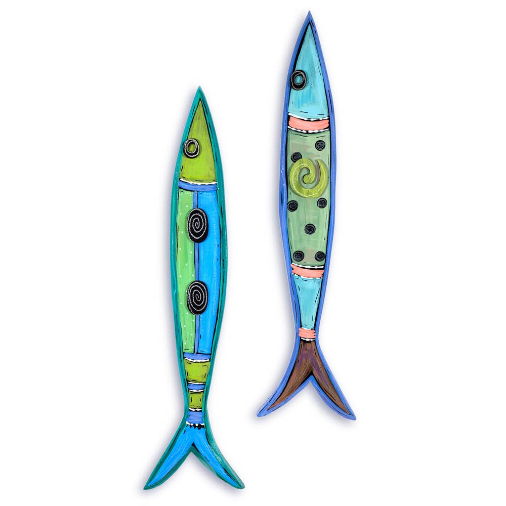 The Artwork: Skinny Fish by E Drumm Design showcases two vibrant, elongated decorative wall fish, hand-painted with abstract patterns in shades of blue, green, and orange. Set against a plain white background, these stunning pieces add a lively charm to any space.