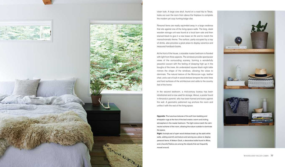A neatly made bed sits by a window in a bright bedroom; wooden shelves hold decor against a white wall. The book Relaxed Rustic: Bring Scandinavian Tranquility & Nature into Your Home by Niki Brantmark adds to the serene, nature-inspired scene.