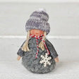 Gnome ornament wearing a grey knit sweater and matching beanie with a white wooden snowflake.