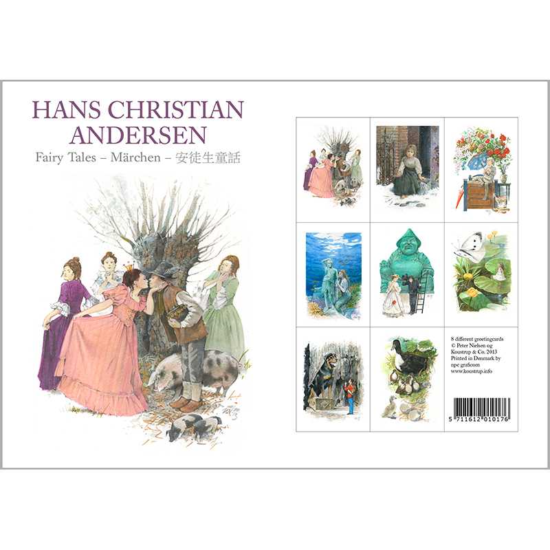 Cover of Card Pack: H.C. Andersen Fairytales Cardfolder includes captivating illustrations from different fairytales and multilingual text, all beautifully printed on eco-friendly cards.