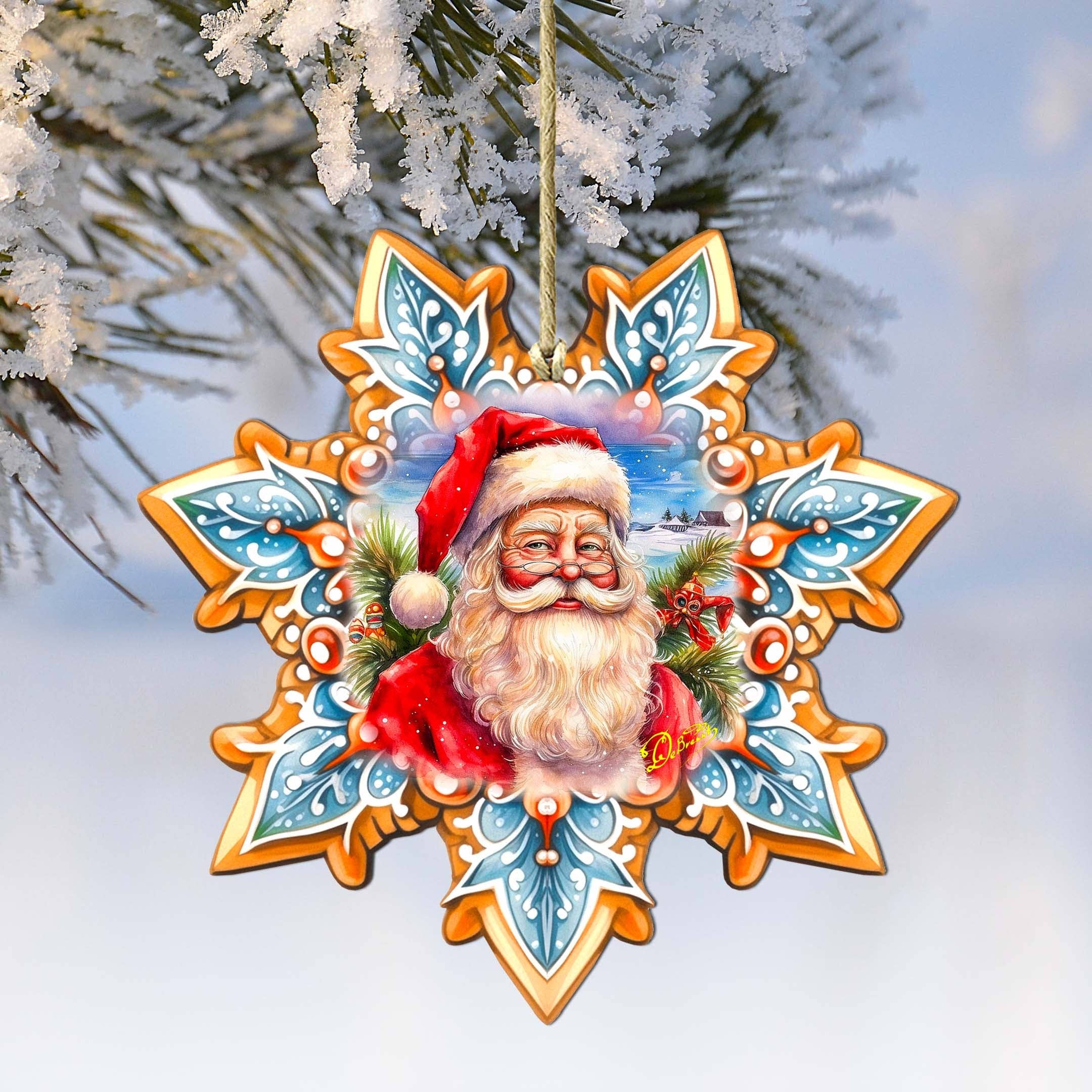 An Ornament: Santa Snowflake Wood Ornaments by GDebrekht hangs gracefully from a frosty pine branch, showcasing a handcrafted wooden design of Santa Claus.