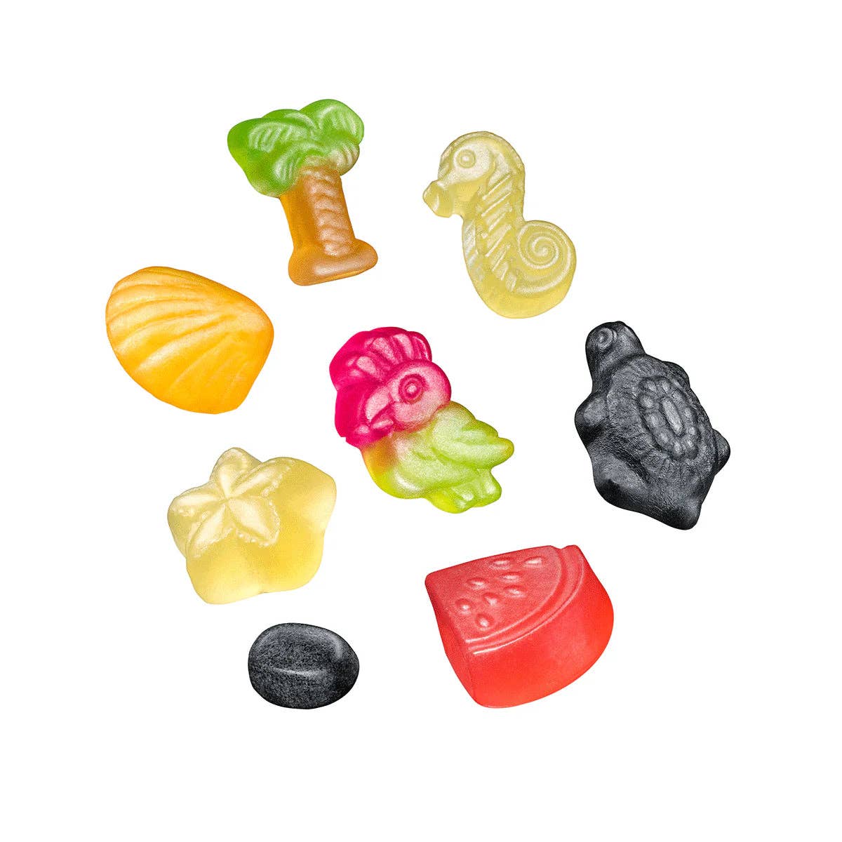 Indulge in the tantalizing flavors of Fazer Tutti Frutti Paradise with this vibrant assortment of gummy candies, crafted into fun shapes like a palm tree, seahorse, shell, pineapple, turtle, star, watermelon slice, and a small black circle—all while being palm oil free. Enjoy the exotic fruit taste packed into every bite in this large 300 g party bag!