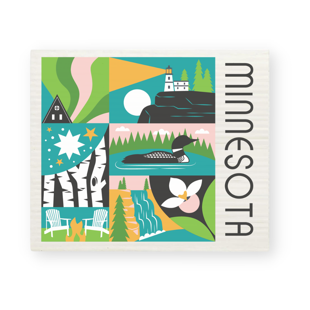 Colorful illustration of Minnesota icons—birch trees, loon, lighthouse, stars, waterfall, wildflower, chairs, and forest—on a white Swedish dish cloth. "Minnesota" is written vertically. Art by Wisconsin artist Liz Mullikin.