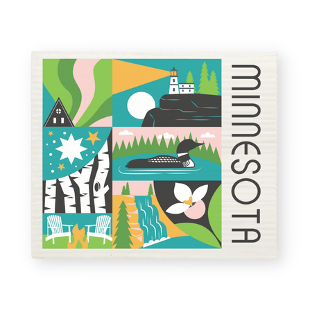 Colorful illustration of Minnesota icons—birch trees, loon, lighthouse, stars, waterfall, wildflower, chairs, and forest—on a white Swedish dish cloth. "Minnesota" is written vertically. Art by Wisconsin artist Liz Mullikin.