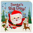 A toddler book titled Santa’s Big Day! featuring an embroidered plush Santa finger puppet, an elf, two reindeer, and colorful string lights.