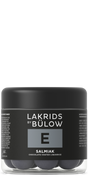 A jar with a black lid and black label displaying “Lakrids by Bülow E Salmiak,” containing round Nordic candy pieces.