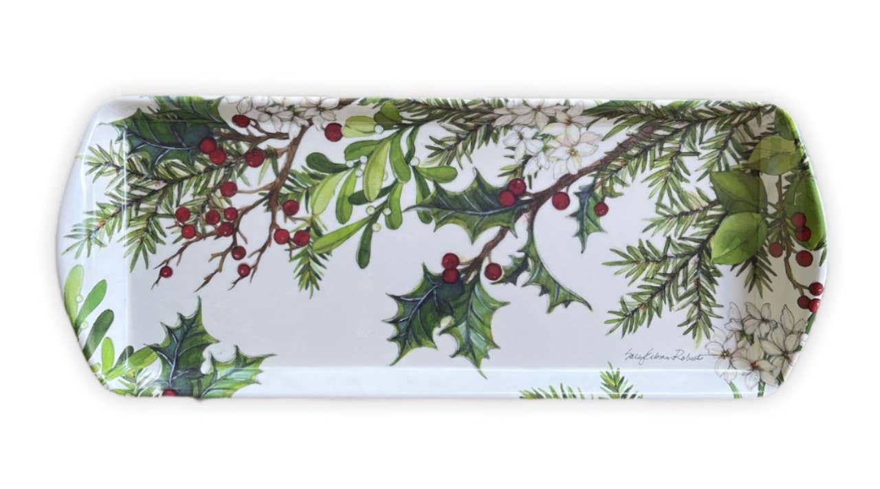 The Tray: Holly & Berries Holiday Serving Appetizer, Almond Cake, Bread Loaf Tray features a rectangular bamboo design with holly leaves, red berries, and white flowers—ideal for festive holiday serving.