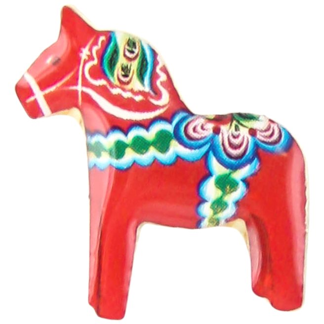 This vibrant red Dala Horse lapel pin, adorned with colorful decorative patterns, perfectly captures the essence of Nordic charm as a delightful Scandinavian souvenir.