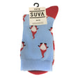 Suva 1919 Gnome Socks (size 36-38) feature a blue base, red heels and toes, and a playful pattern of dancing red and white figures inspired by Swedish folklore.