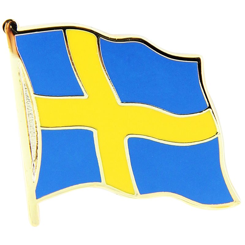 The Pin: Sweden Flag Sverige Flaggpin is designed in the shape of the Swedish flag, showcasing a blue field with a yellow Nordic cross.