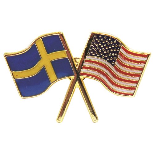 The Pin: Swedish Flag & American Flag Lapel Pin features intertwined flags displayed on gold-colored poles, symbolizing Swedish American heritage.
