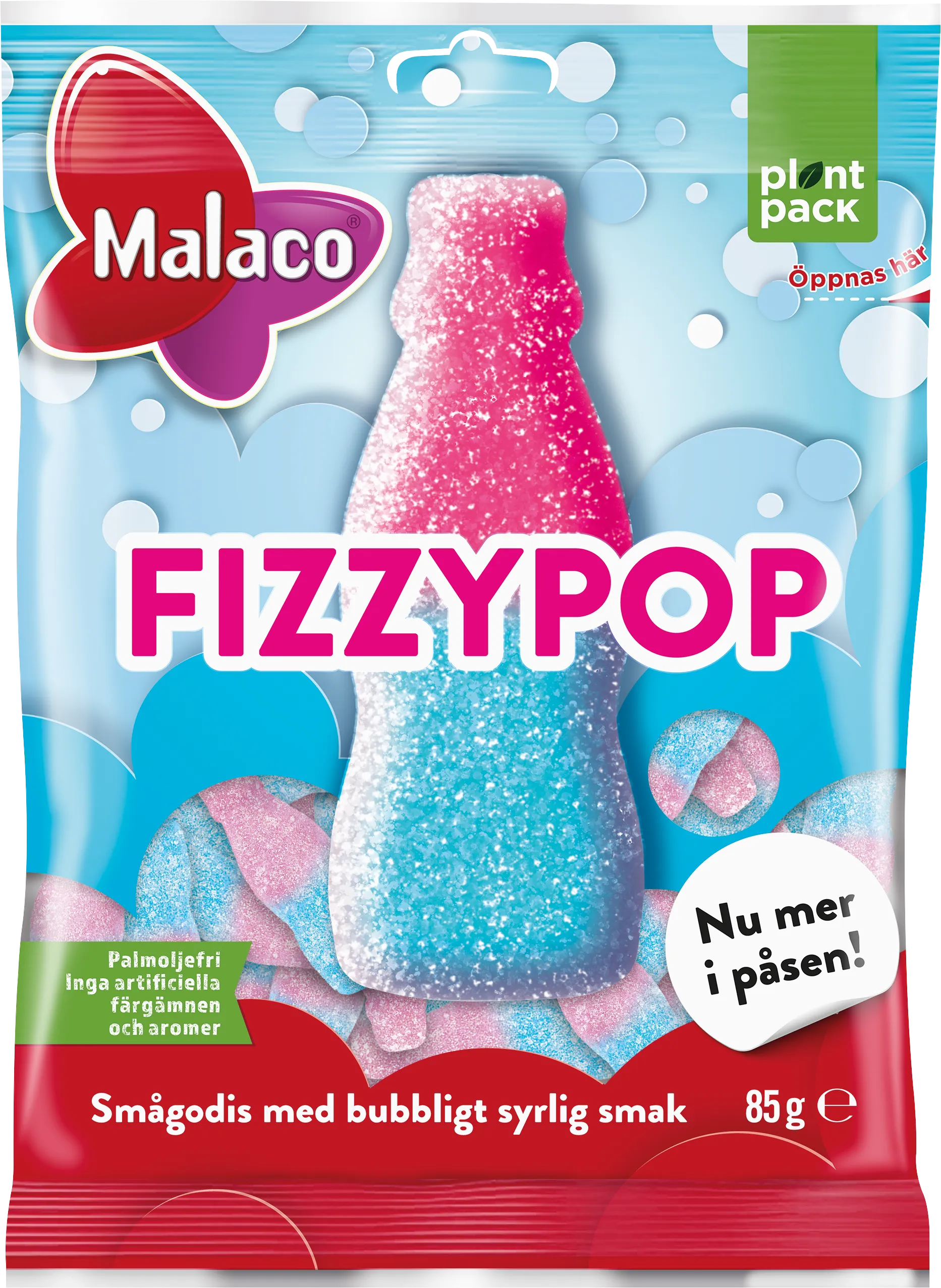 The vibrant packaging of Malaco Fizzypop 85g Bags features pink and blue sugar-coated gummies shaped like mini bottles, complete with the text FIZZYPOP. Savor the bubblegum flavored delight in every bite!