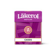 A purple box of Läkerol Pastilles - Cassis Black Currant (.88 oz), sugar free Swedish lozenges, with a red and white logo on the front.