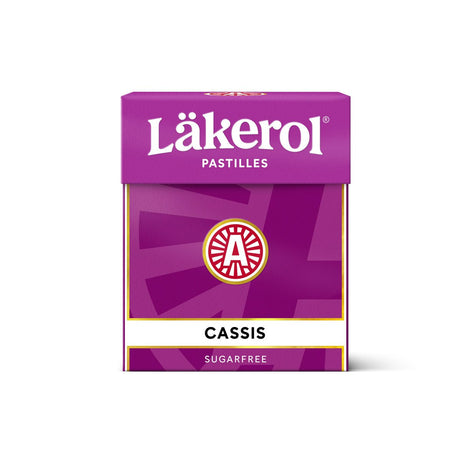 A purple box of Läkerol Pastilles - Cassis Black Currant (.88 oz), sugar free Swedish lozenges, with a red and white logo on the front.