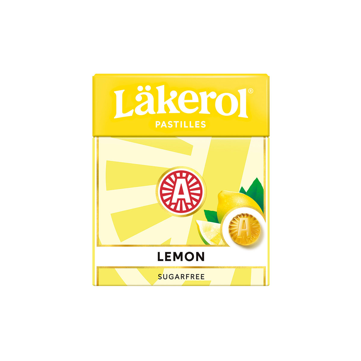 The packaging for the Candy: Läkerol Pastilles Lemon (.88 oz) Sugar Free showcases a lively yellow design, highlighted with an illustration of a fresh lemon slice and pastille, ensuring it becomes your essential breath freshener.