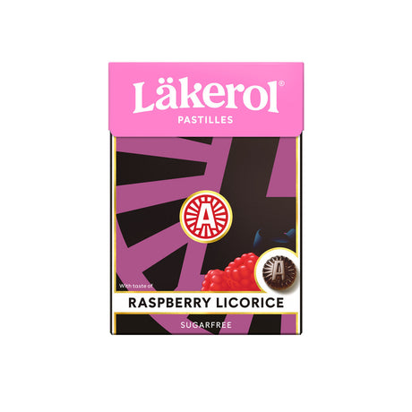 Experience the delightful blend of flavors with a box of sugar-free Läkerol Pastilles Raspberry Licorice (2.64oz), featuring a striking pink and black design.