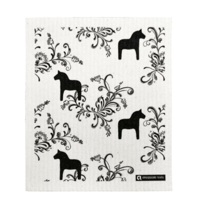 A highly absorbent dish cloth adorned with black horses and intricate floral designs against a white background, similar to the Swedish Dish Cloth style. This product is specifically known as "Dish Cloth: Kurbits Mini Dala Black & White.