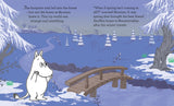 Illustration for "Book: Moomin and the Spring Surprise by Tove Jansson" shows Moomin by a snowy forest path and bridge, reflecting on spring and Snufkin’s return, inspired by themes from the original story.