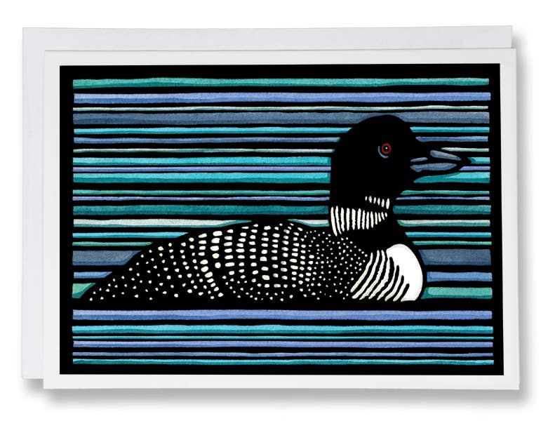 Illustration of a black-and-white loon on water with a blue and black striped background. The Card: Loon 5x7 Greeting Card with Envelope is blank inside—ideal for any occasion.