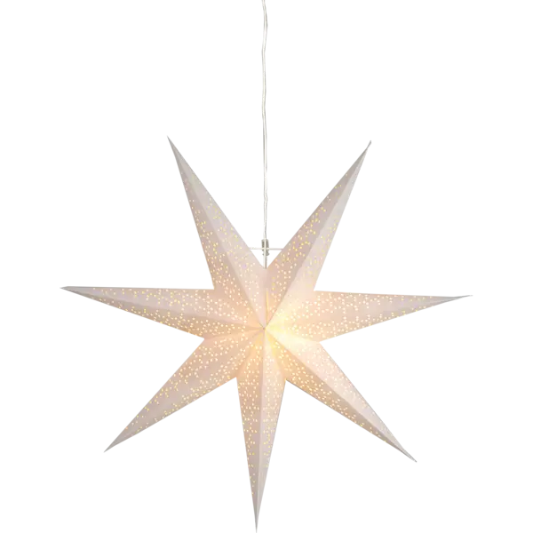 The Light: Star Trading Paper Star 27.5" White is a decorative white paper star-shaped hanging light with eight points and small perforations, glowing softly against a plain background.