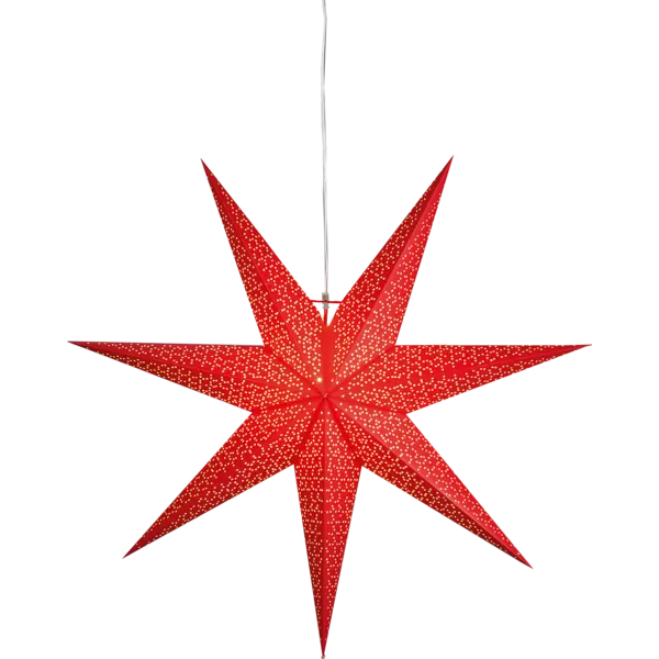 A red paper star-shaped decoration with eight points and a dotted pattern, designed for indoor use, known as the Light: Star Trading - Paper Dot Star, Red 21.3".