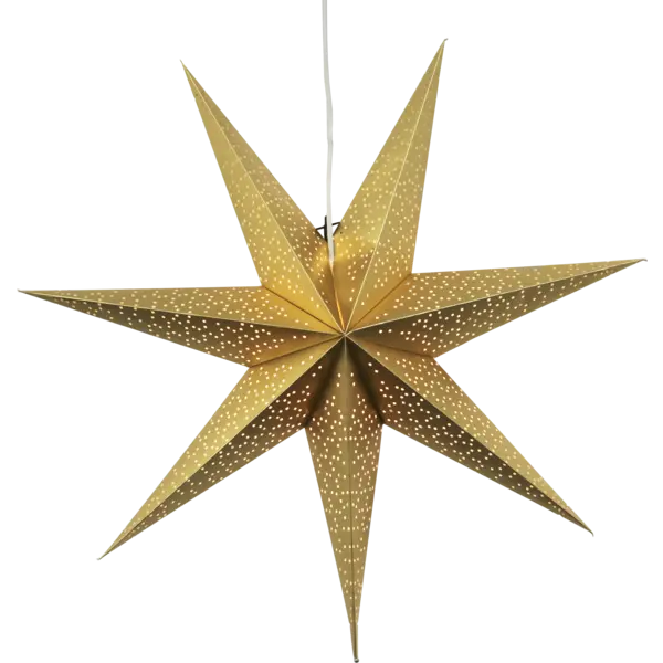 The golden Paper Dot Star from Light: Star Trading, measuring 27.5 inches, features perforated patterns that create a cozy indoor atmosphere.