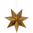 The Light: Star Trading Classic Hanging Star Gold (16.5") is an eye-catching gold eight-pointed paper lantern with small perforations, hung by a white cord—perfect as a festive Christmas decoration for any space.