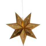 The Light: Star Trading Classic Hanging Star Gold (16.5") is an eye-catching gold eight-pointed paper lantern with small perforations, hung by a white cord—perfect as a festive Christmas decoration for any space.