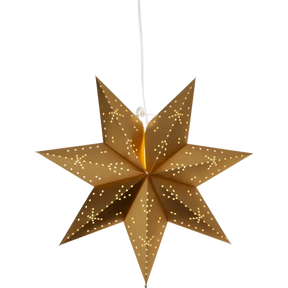The Light: Star Trading Classic Hanging Star Gold (16.5") is an eye-catching gold eight-pointed paper lantern with small perforations, hung by a white cord—perfect as a festive Christmas decoration for any space.