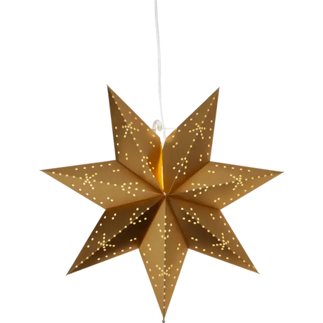 The Light: Star Trading Classic Hanging Star Gold (16.5") is an eye-catching gold eight-pointed paper lantern with small perforations, hung by a white cord—perfect as a festive Christmas decoration for any space.