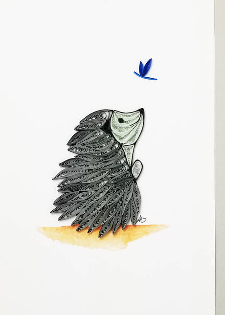 The Card: Hedgehog with Dragonfly Quilling Card (5x7 inches, gray envelope, blank inside) features hand-rolled paper art of a hedgehog and dragonfly—a delightful choice for nature lovers.