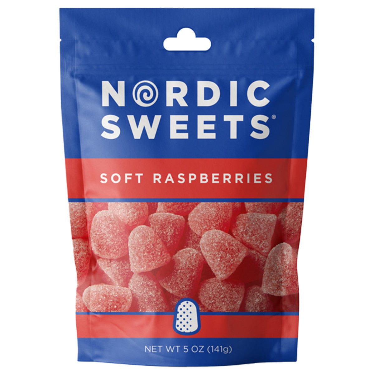 Blue and red packaging features Nordic Sweets® Soft Raspberries, a delightful Swedish candy with sugar-coated gummies. Net weight: 5 oz (141g).