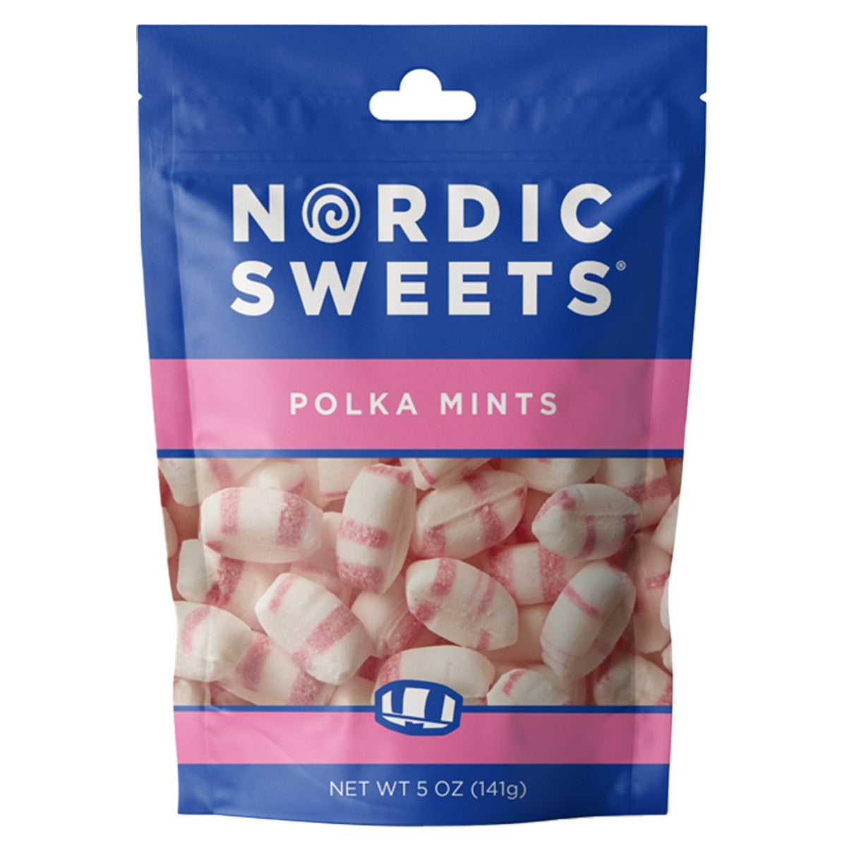 A colorful package of Nordic Sweets - Polka Mints, boasting white and pink striped candies, with a net weight of 5 oz (141g).