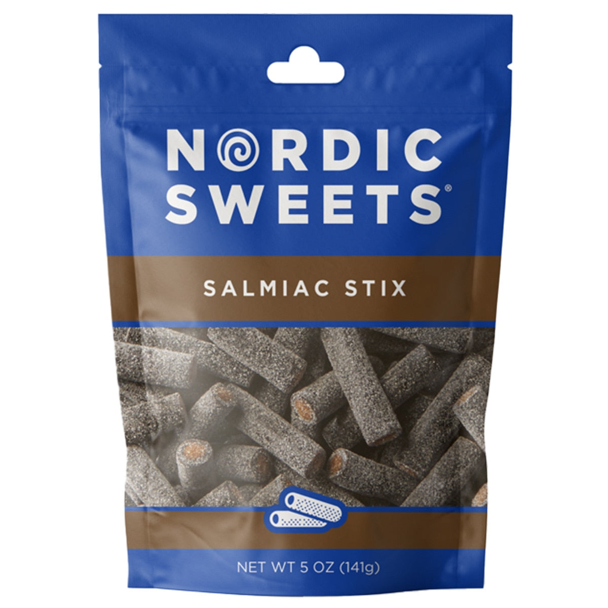 Blue and brown packaging of Nordic Sweets - Salmiac Stix Salty Black Licorice 5 oz, featuring Swedish licorice candy with a salted twist.