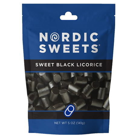The Nordic Sweets® Sweet Black Licorice 5 oz Finnish comes in a blue resealable pouch, allowing visibility of the delicious pieces through its transparent window.