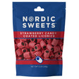 A 5 oz resealable bag of Nordic Sweets Strawberry Candy Coated Licorice, featuring an image of red Finnish licorice pieces on the blue packaging.
