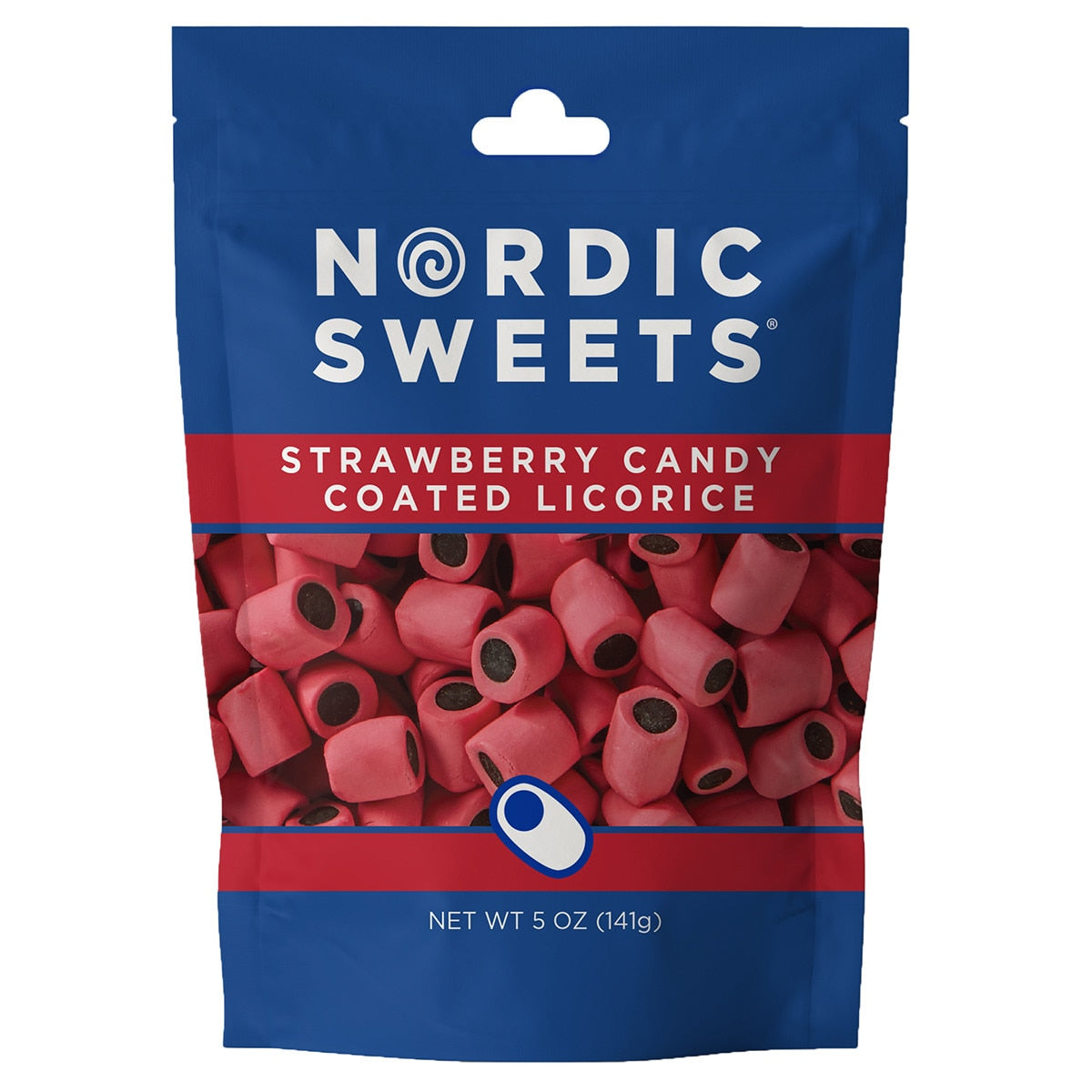 A 5 oz resealable bag of Nordic Sweets Strawberry Candy Coated Licorice, featuring an image of red Finnish licorice pieces on the blue packaging.