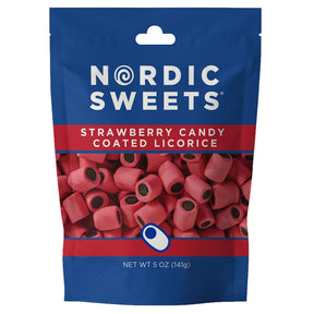 A 5 oz resealable bag of Nordic Sweets Strawberry Candy Coated Licorice, featuring an image of red Finnish licorice pieces on the blue packaging.