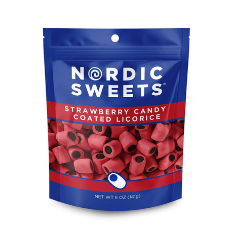 A blue resealable bag labeled Nordic Sweets shows red Finnish licorice pieces through a clear window near the bottom.