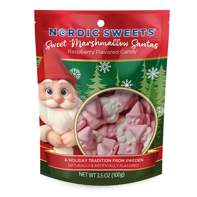 A bag of raspberry-flavored Swedish marshmallow Santas with a gnome graphic and a clear circular window showing the treats.