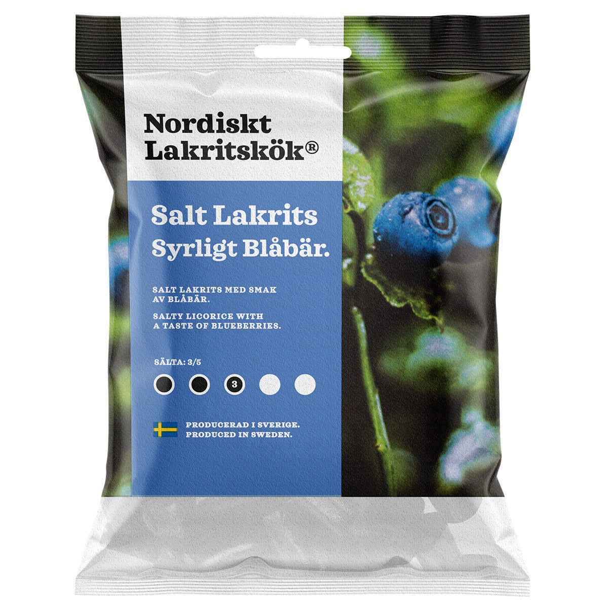 A bag of Nordiskt Lakritskok Salt Lakrits Syrligt Blabar, Swedish salty licorice with a taste of blueberries, featuring blueberry-themed packaging and bilingual details in Swedish and English.