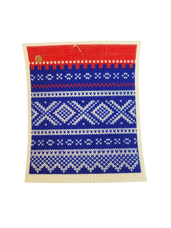 The Dish Cloth: Marius Design - Blue, Red & White features a Nordic-style knitted pattern with red, blue, and white geometric designs on a rectangular fabric piece, reminiscent of traditional Swedish dish cloths.