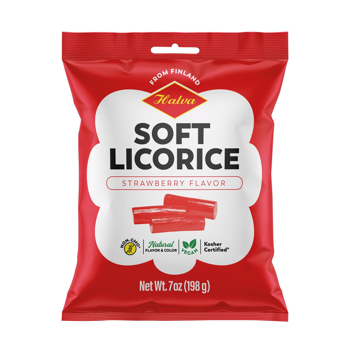 Halva Soft Licorice, Strawberry (7oz) – classic Scandinavian candy from Finland. Vegan, kosher certified, non-GMO, and made with natural flavor and color.