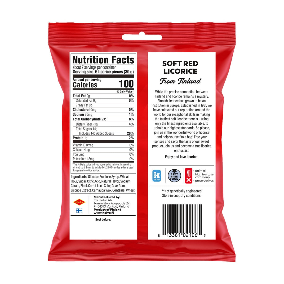 Back of a red bag of Halva Soft Licorice Strawberry (7oz), made in Finland, featuring nutrition facts, ingredients, barcode, and product description.