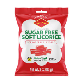 The lively red packaging of Halva's Sugar Free Soft Licorice, Strawberry Flavored (85g), offers labels highlighting its non-GMO ingredients. Enjoy its natural taste with the assurance that it's both vegan and kosher certified.
