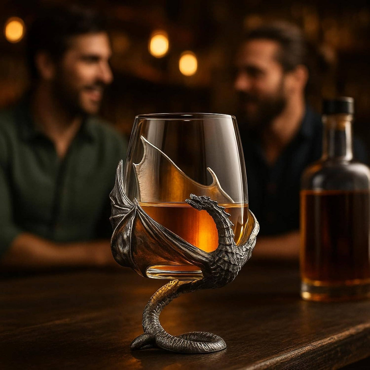 A Wine Glass: Medieval Dragon Viking Goblet Mug – Fantasy-Inspired Drinkware (9oz) sits on a bar counter, held in a metal dragon-themed holder, while two men converse in the blurred background.