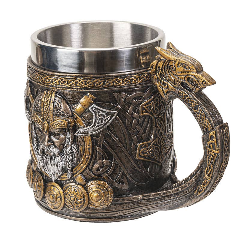 Ornate Viking-themed coffee mug with a dragon head, Viking ship design, Thor’s Hammer, shields, and Viking motifs—an ideal novelty gift for fans of Norse mythology and Viking mugs.