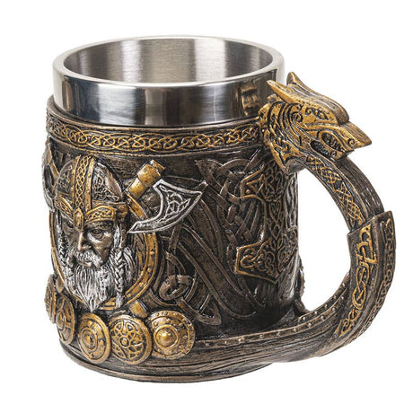 Ornate Viking-themed coffee mug with a dragon head, Viking ship design, Thor’s Hammer, shields, and Viking motifs—an ideal novelty gift for fans of Norse mythology and Viking mugs.